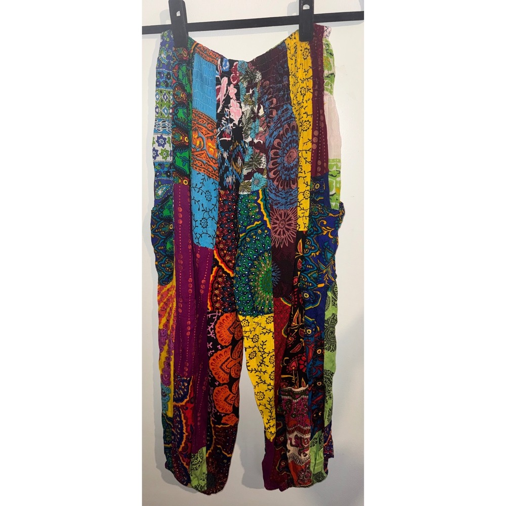 Kathmandu Imports Patchwork Harem Pants Boho Rayon Joggers Multi Color Hippie